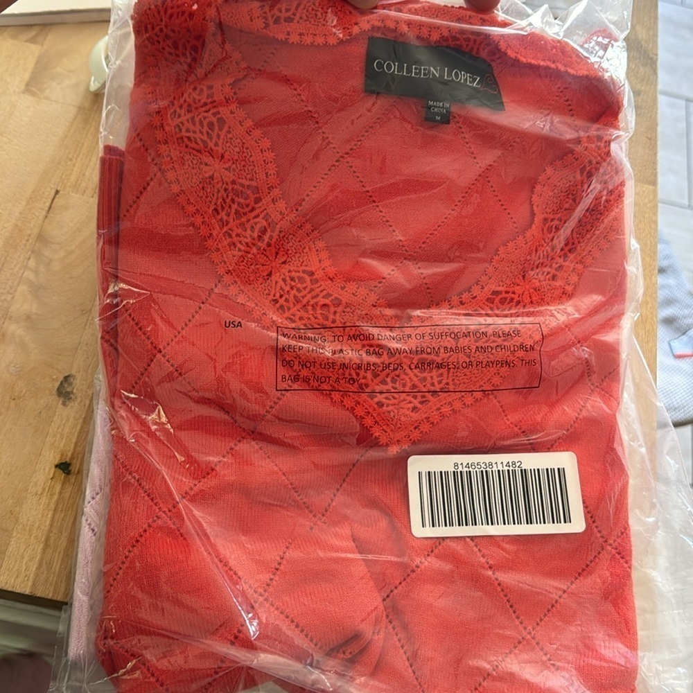 Colleen Lopez Red Point Elle Lace Collar V Neck Diamond Knit Sweater M - Picture 2 of 2